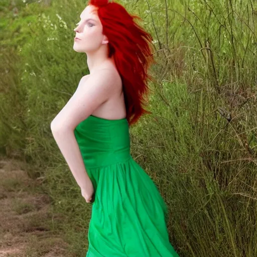 Image similar to beautiful green eyed goddess with red hair and fair skin wearing a thin green strapless sundress blowing in the wind on a sunny day