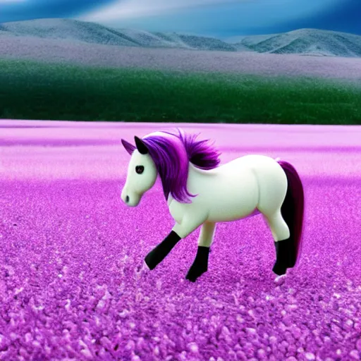 Prompt: purple pony trotting through a cotton candy and candy cane field