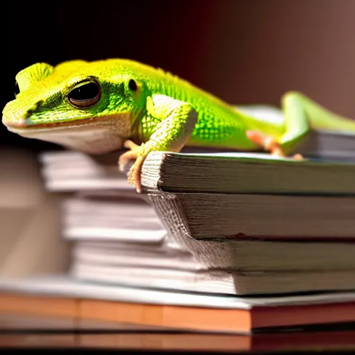 Image similar to the! geico! gecko on a table,! being crushed! by a stack of books