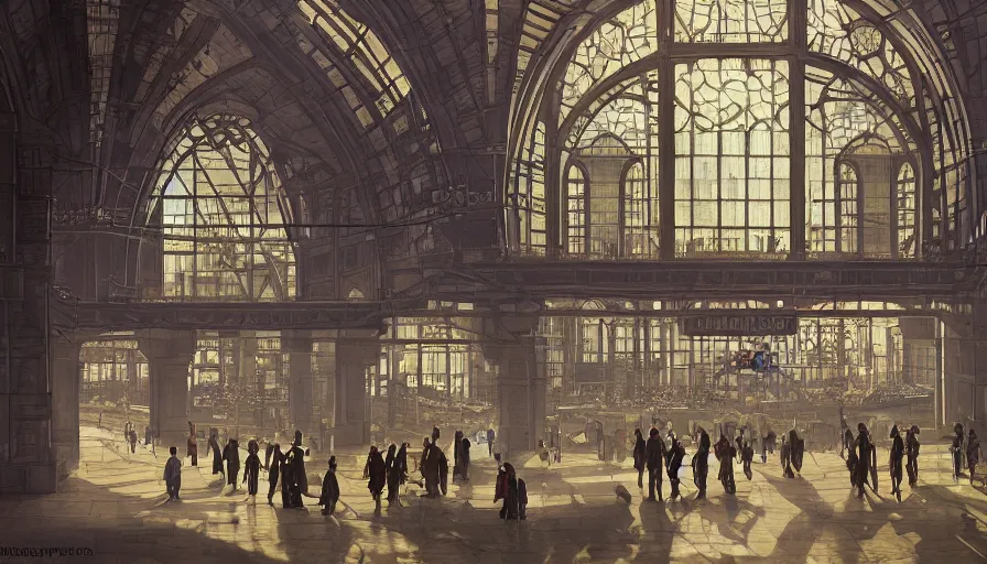 Prompt: Railway station in a Dieselpunk city, steam, large stained glass windows, pipes in the walls, epic composition, intricate, elegant, volumetric lighting, digital painting, highly detailed, artstation, sharp focus, illustration, concept art, ruan jia, steve mccurry