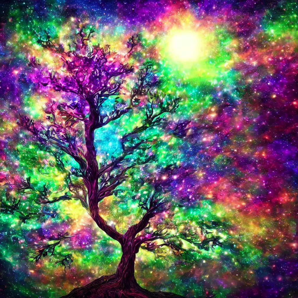 Prompt: cosmic tree of life made of stars, cinematic, trending on artstation, magical colors, fantasy,4K UHD image,