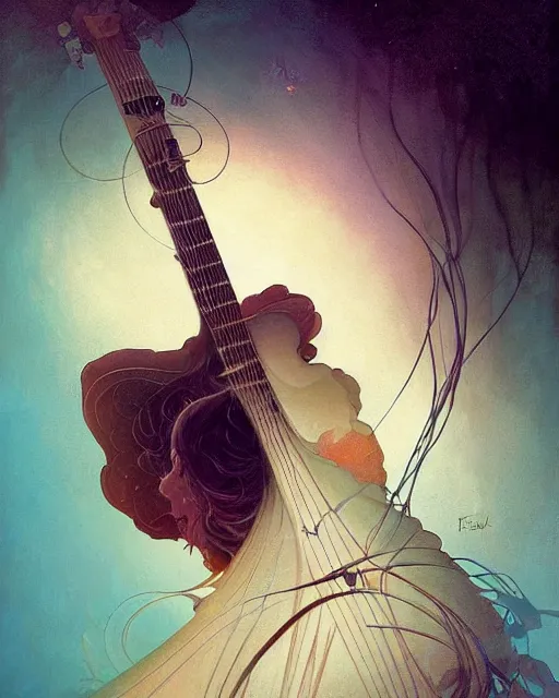 Prompt: acoustic guitar - driven, fractal crystal, serenity, by ilya kuvshinov, greg rutkowski, tom bagshaw, james jean, victo ngai, ryohei hase, thomas kinkade, elegant, masterpiece, award winning