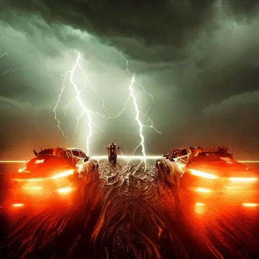 Image similar to a dramatic 85mm cinematic shot of the 4 horseman of the Apocalypse riding through storm and chaos, dramatic lightning, dark, filthy, mud, horror, trending artstation, octane render, 8k,