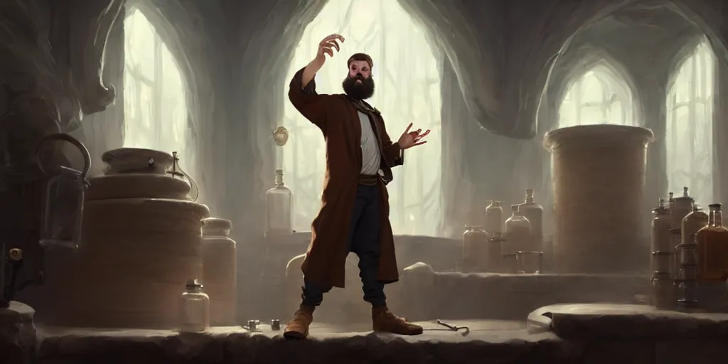 Image similar to a handsome bearded caucasian male sorcerer with brown hair he is casting a spell with flowing energy, he is in a alchemist lab filled with beakers and equipment, neutral pose, epic composition, 4 k, trending on artstation, by greg rutkowski, rudy siswanto