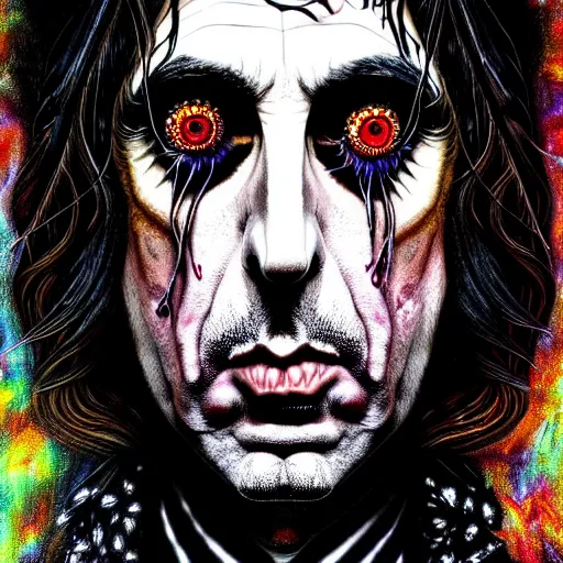 Image similar to An extremely psychedelic portrait of Alice Cooper, surreal, LSD, face, detailed, intricate, elegant, lithe, highly detailed, digital painting, artstation, concept art, smooth, sharp focus, illustration