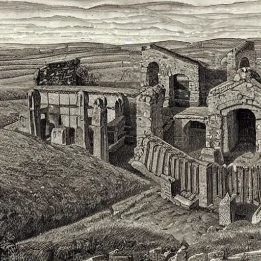 Prompt: a sprawling pictish settlement built around roman ruins in the english countryside, dark ages, 8 th century, by james gurney