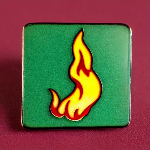 Image similar to a square enamel pin depicting a 1 9 6 0 s minimalistic clean fire flames warning label, smooth curves