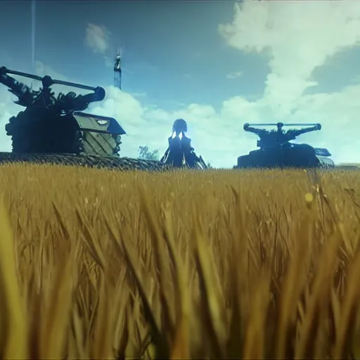 Image similar to russian tank boss fight from nier : automata in yellow rye field under pure blue skies