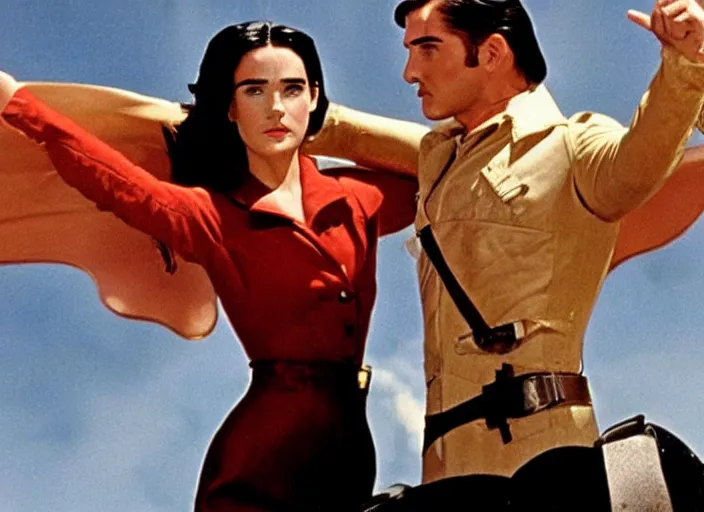 Prompt: a movie still from the modern film the rocketeer featuring young jennifer connelly in her role as jenny blake