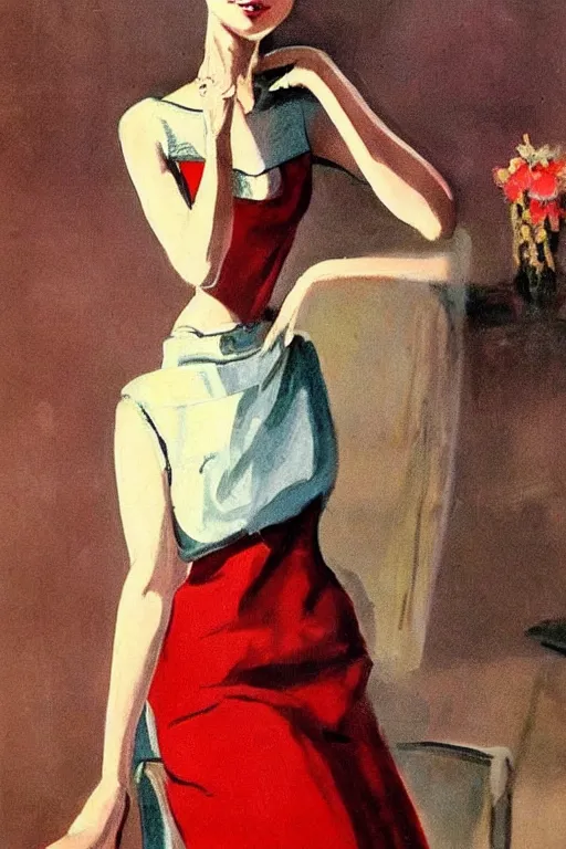 Image similar to beautiful slim and shapely young woman, elegant look, peasant dress, 1960\'s soviet propaganda art