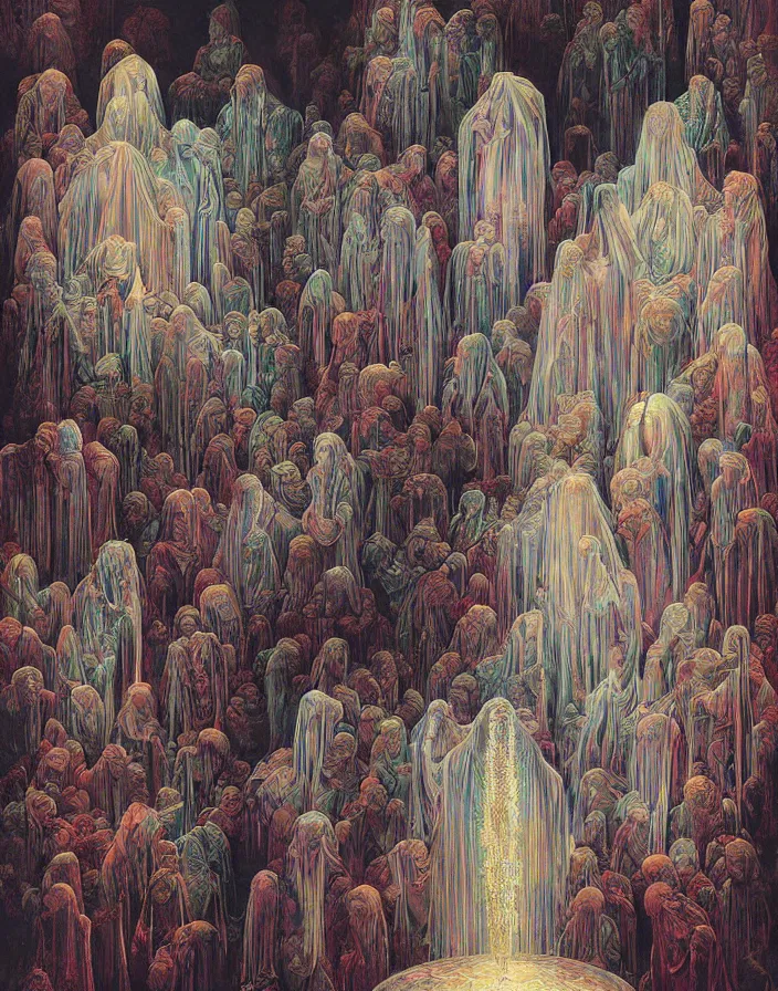 Image similar to worshippers in robes belonging to the cult of the crystal light gather inside a sma room around the big glowing crystal, big glowing crystal radiating white light, interior, high detailed beksinski painting, part by adrian ghenie and gerhard richter. art by takato yamamoto. masterpiece, deep colours