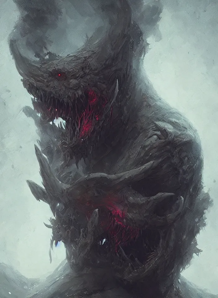 Image similar to a close portrait of a creature invoking fear, art by greg rutkowski, horror setting, dark lighting, matte painting, trending on artstation, very detailed