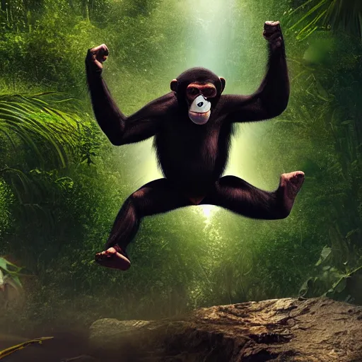 Image similar to Angry Chimpanzee Jumping, Epic Jump, Cinematic Photo, Cinematic Shot, Jungle, Foliage Boris Vallejo, Epic, 8k resolution, ArtStation, Hyperrealistic