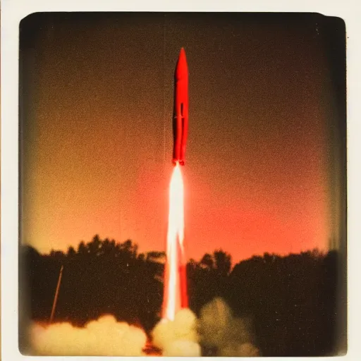 Prompt: aged polaroid photo of a bright red missile launch, wide view, film grain, red color bleed, onlookers watching