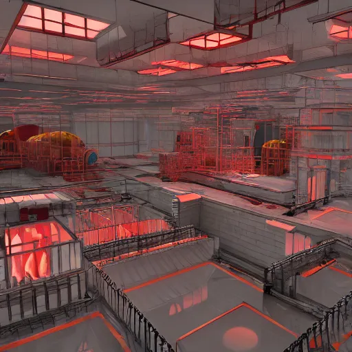 Image similar to underground lab filled with flames, MC Escher style architecture, sterile, human farm, staff wearing hazmat suits running, unknown location, photo taken from above, red alert lights up the walls, light and shadows, concept art