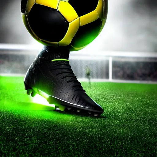 Image similar to a closeup photorealistic photograph of a black soccer boot kicking a green and black soccer ball, fantastic four theme.. bright scene. fine detail. this 4 k hd image is trending on artstation, featured on behance, well - rendered, extra crisp, features intricate detail, epic composition and the style of unreal engine.