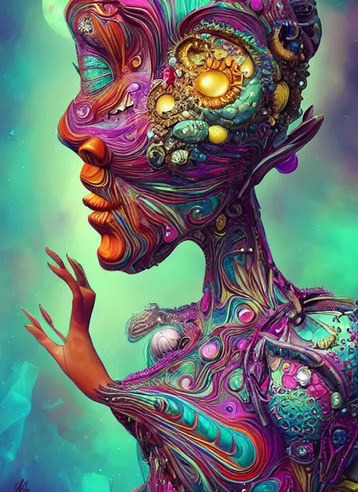 Prompt: a surreal portrait statue of a psychedelic ballerina figure by naoto hattori, android jones, and chris dyer, deep bold colors, galactic entity, depth of field, intricate beautiful painting, billions of details, octane render, portal, 8 k, detailed vector, trending on artstation, cgisociety, wow!!!!!!