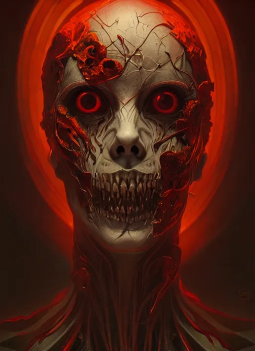 Image similar to symmetry!! portrait of a ghoul, horror, moody lights!! intricate, scary, highly detailed, digital painting, artstation, concept art, smooth, sharp focus, illustration, art by artgerm and greg rutkowski and alphonse mucha