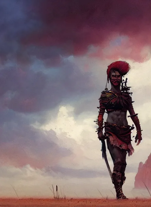 Prompt: hyper realistic painting of prehistoric punk warrior girl, full body, rule of thirds, conceptart, saturated colors, cinematic, greg rutkowski, brom, james gurney, mignola, craig mullins, alan lee