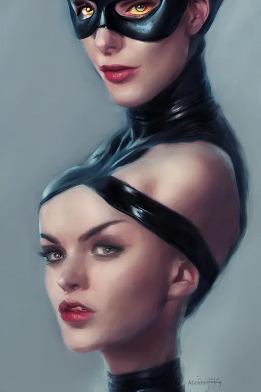 Image similar to portrait of a Catwoman by Mandy Jurgens and Richard Schmid, trending on artstation