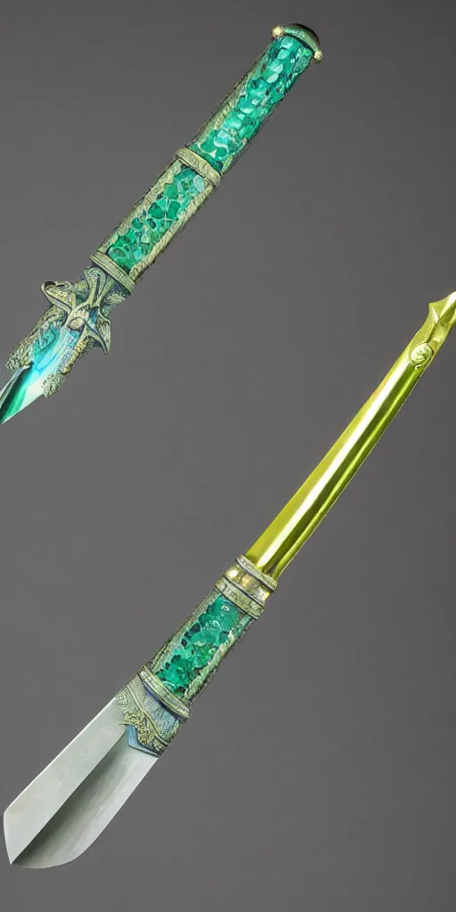 Image similar to photograph of a wide green and teal crystal double - edged sword blade attached to a big gold sword hilt