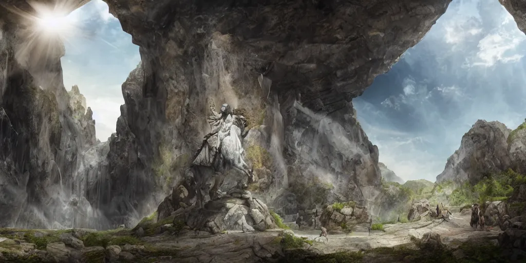 Image similar to two tall giant marble statues flanking a cave entrance into a mountain, extremely detailed digital matte painting, clear skies, sunlight, god rays