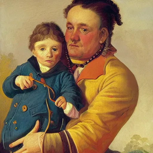 Prompt: maximalist illustrated portrait of a father with child. HD 8x