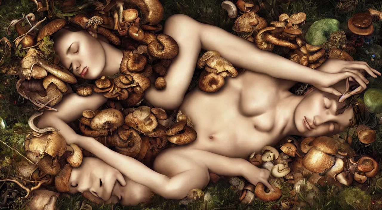 Image similar to a bio - mechanical pretty sleeping giant woman with mushrooms as camouflage highly detailed, cinematic, perfect face, cyberpunk, fine details, studio lighting, subtle shadows, art by hieronymus bosch, photo - realism, hyper realism, octane render