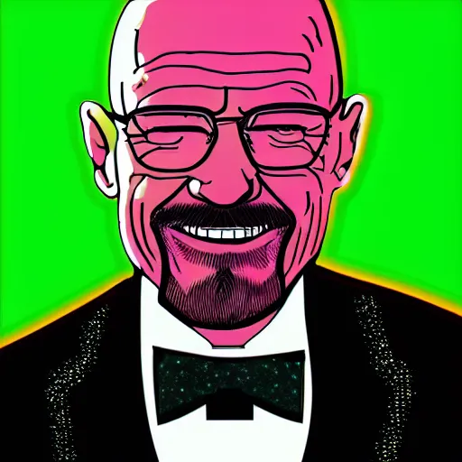 Image similar to portrait of walter white in a tuxedo, laughing in a modern night club, neon lights