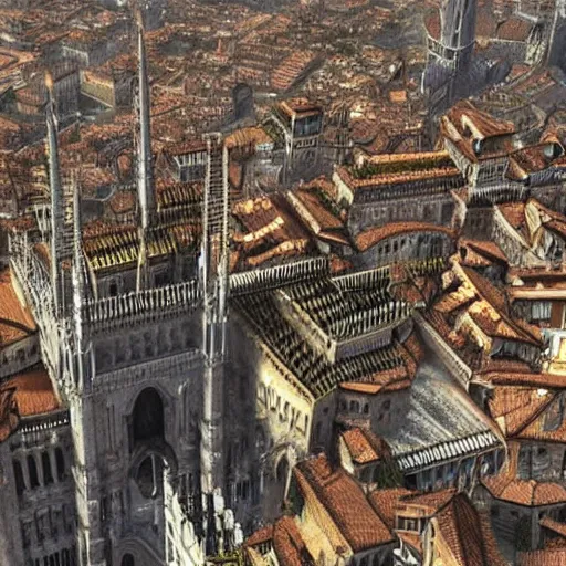 Image similar to the city of Milano fused with the golden city of Anor Londo