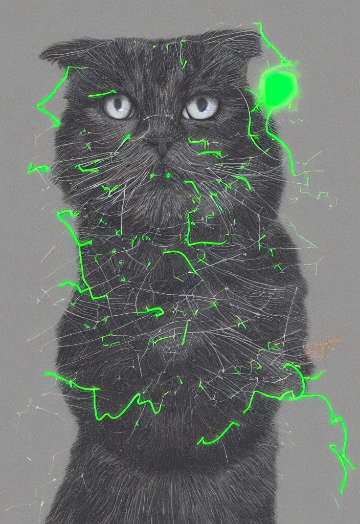 Image similar to cfa champion dark tortie scottish fold cat, stalkimg preyl, data visualization perfect geometry bezier mathematical diagrams hologram overlay revealing sparrows flight trajectory calculation, detailed annotated painting, grisaille dark monochrome with neon fluorescent color airbrush spraypaint accents, by jules julien, wes anderson, hannah af klint, risograph 4 k