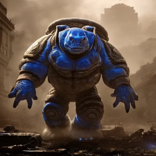 Image similar to Blastoise as Blastoise in gears of war, splash art, movie still, detailed face, photorealistic facial features, cinematic lighting, dramatic, octane render, long lens, shallow depth of field, bokeh, anamorphic lens flare, 8k, hyper detailed, 35mm film grain