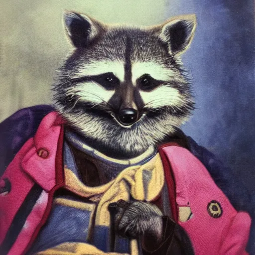 Prompt: a gentleman raccoon wearing a kaneda jacket, portrait, painting, vibrant colors, detailed, artwork by Hyacinthe Rigaud