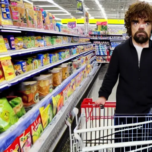 Image similar to film still of extremely tall peter dinklage shopping at walmart, shopping cart full of spaghetti