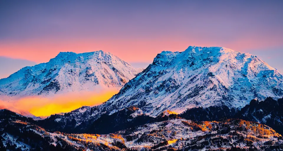 Prompt: professional photo of a snow topped mountain lit by the sunset