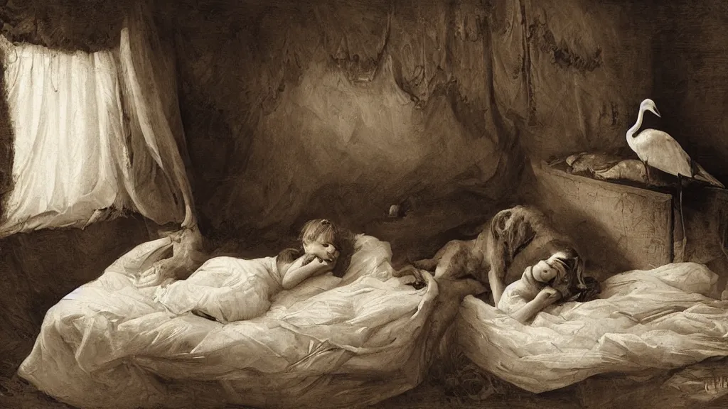 Image similar to girl lying next to a lion and a stork in a bed under white bed sheets, by guillermo lorca