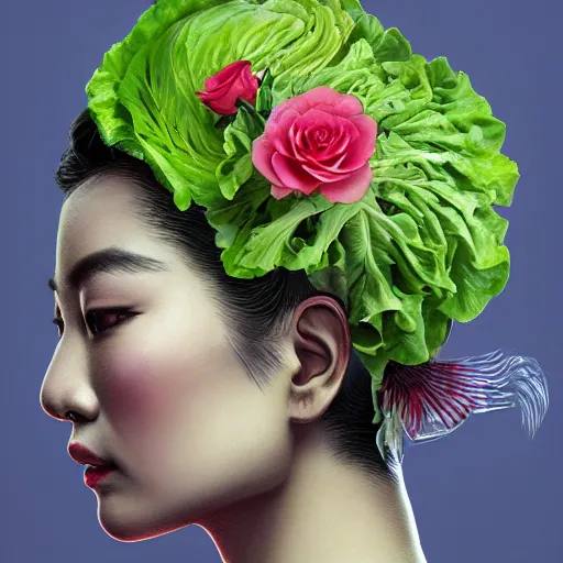 Image similar to the anatomy of a head of lettuce with roses that resemble a beautiful asian woman, an ultrafine detailed painting by james jean, intricate linework, bright colors, final fantasy, behance contest winner, vanitas, angular, altermodern, unreal engine 5 highly rendered, global illumination, radiant light, detailed and intricate environment