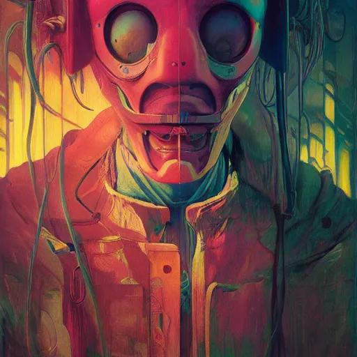 Prompt: complimentary color portrait of technical masked neon cyberpunk, 3 d anime, award - winning realistic sci - fi concept art by beksinski, picasso masterpiece, complimentary colors, james gilleard, bruegel, greg rutkowski, alphonse mucha, and yoshitaka amano