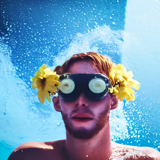 Image similar to close up kodak portra 4 0 0 face portrait photograph of a skinny guy with blonde hair submerged in a tub of milk, aerial view, wearing cyber goggles, flower crown, moody lighting, telephoto, 9 0 s vibe, blurry background, vaporwave colors, dream aesthetic, dreamy aesthetic, faded!,