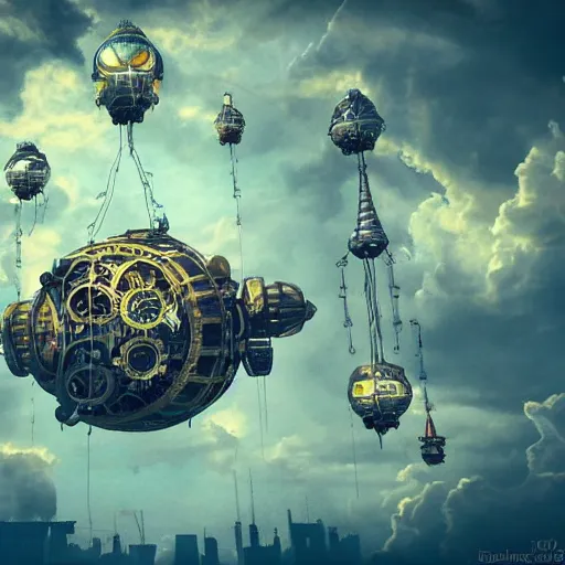 Prompt: flying city in a mechanical flower, sky, symmetry, fantasy art, steampunk, masterpiece, octane