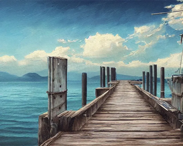 Image similar to fine art painting of a long wooden dock overlooking a tranquil blue sea, artstation, cgsociety, very detailed, intricate, masterpiece