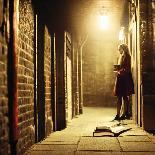 Prompt: luna lovegood sitting in a dark alley reading a book in a hyper realistic shot, low light