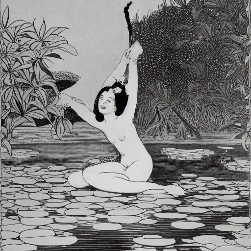 Image similar to A girl bathes in a lake where water lilies are floating, lithography by Aubrey Beardsley, High definition, detailed,