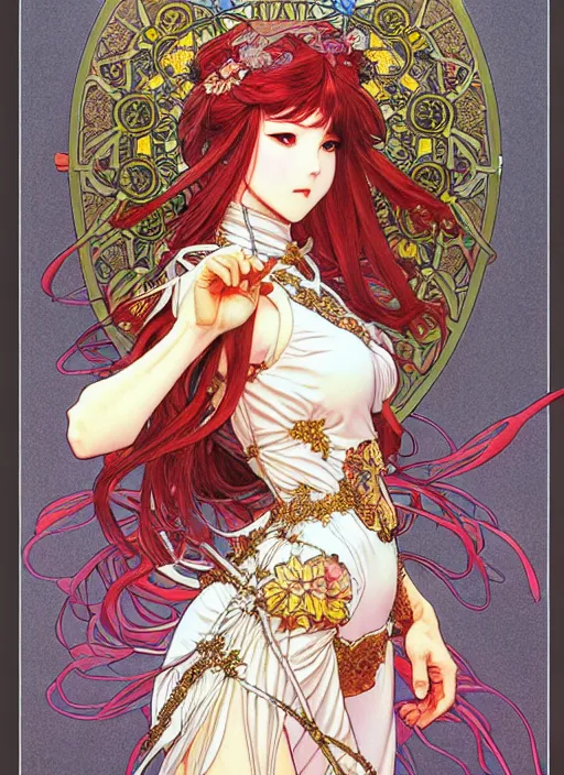 Image similar to highly detailed artgerm artstation minaba hideo fantastic fate katsuhiro otomo manga poster of dressed princess mechine, minaba hideo, alphonse mucha, long hair, armor, laces, ruffles, 8 k, fluorescent, maximalist, jump comics, art nouveau, takato yamamoto