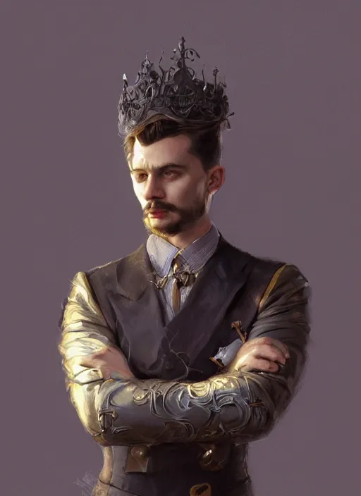 Prompt: portrait of Ernest Khalimov, thinking pose, sigma male, gigachad, medium black hair, Nordic crown, black luxurious suit, fantasy, elegant, realistic, highly detailed, digital painting, artstation, concept art, smooth, sharp focus, illustration, art by artgerm and greg rutkowski and alphonse mucha