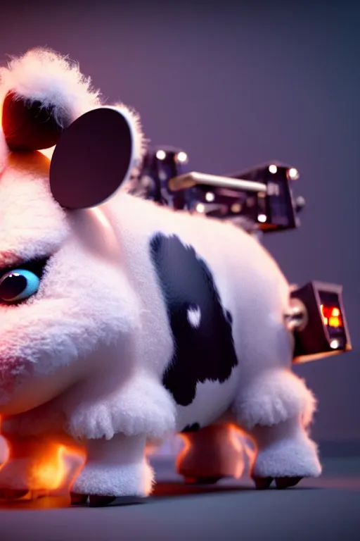 Prompt: high quality 3 d render very cute fluffy! cyborg cow plays guitar, highly detailed, unreal engine cinematic smooth, in the style of blade runner & detective pikachu, hannah yata charlie immer, moody light, low angle, uhd 8 k, sharp focus