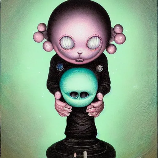 Image similar to a cute alien teal ’ c holds the universe in his hand, an ultrafine detailed painting by mark ryden, trending on deviantart, pop surrealism, whimsical, lowbrow, grotesque