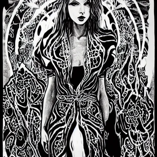 Image similar to black and white pen and ink!!!!!!! sorcerer beautiful attractive long hair Taylor Swift wearing High Royal flower print robes flaming!!!! final form flowing ritual royal!!! Contemplative stance Vagabond!!!!!!!! floating magic witch!!!! glides through a beautiful!!!!!!! Camellia!!!! Tsubaki!!! death-flower!!!! battlefield behind!!!! dramatic esoteric!!!!!! Long hair flowing dancing illustrated in high detail!!!!!!!! by Hiroya Oku!!!!!!!!! graphic novel published on 2049 award winning!!!! full body portrait!!!!! action exposition manga panel black and white Shonen Jump issue by David Lynch eraserhead and beautiful line art Hirohiko Araki!! Frank Miller, Kentaro Miura!, Jojo's Bizzare Adventure!!!! 3 sequential art golden ratio technical perspective panels horizontal per page