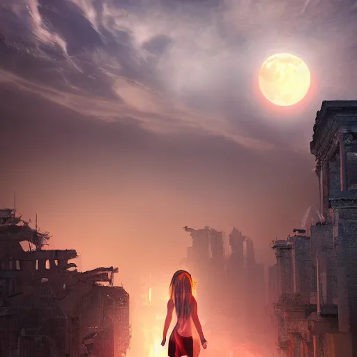 Prompt: A beautiful picture of a suicidal girl against the background of ruins of a destroyed city and a yellow -red moon, artstation, extremely detailed, stunning volumetric lighting, atmosphere, hyper realism, fantasy 4k