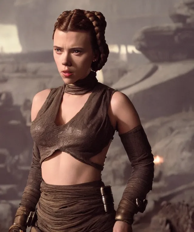 Prompt: Scarlett Johansson wearing slave outfit, starring as princess Leia in Star Wars Return of the Jedi, cinematic portrait, marine background